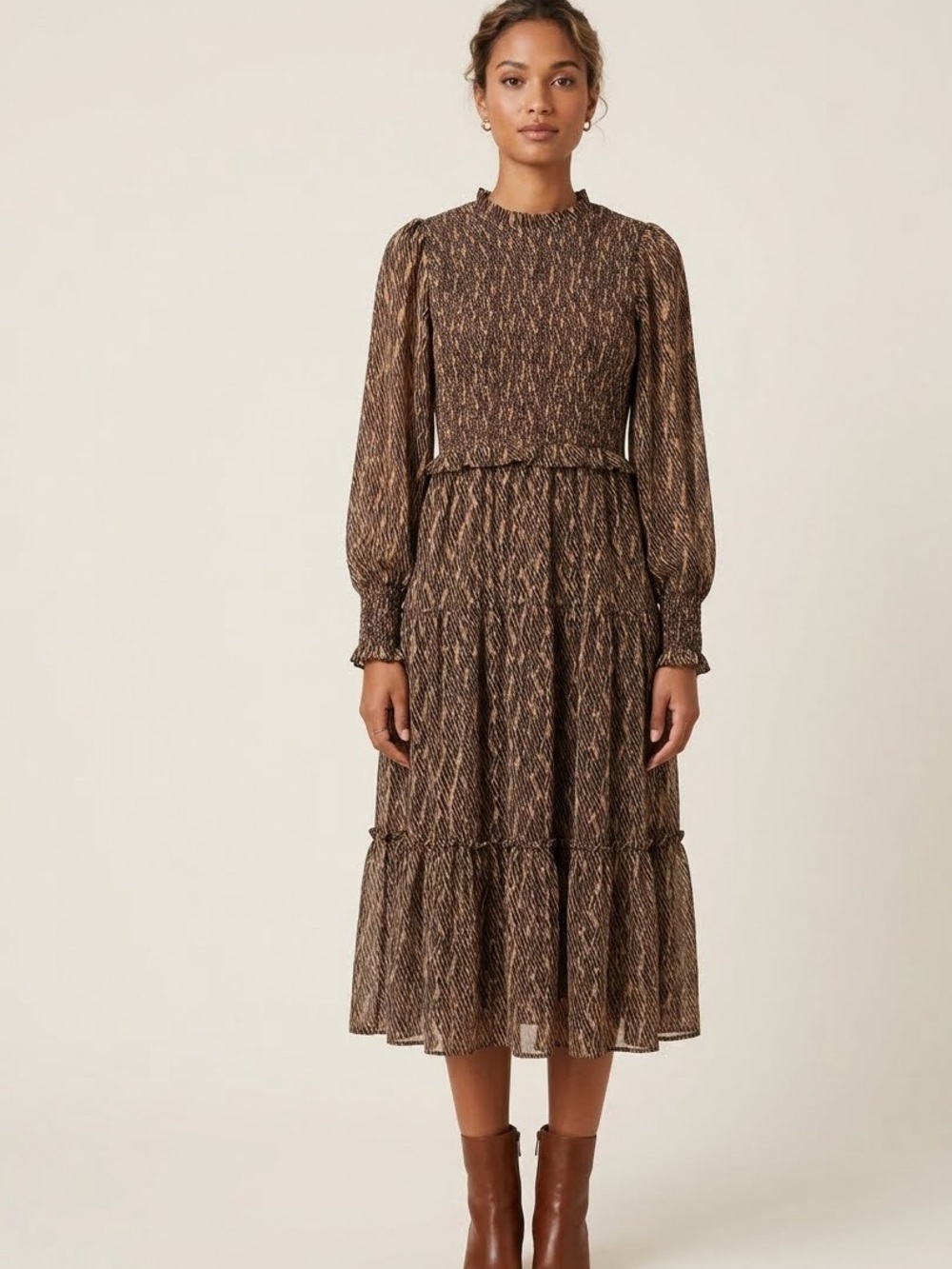 Brown and beige abstract pattern midi dress with long sleeves